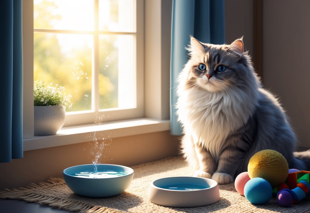 A cozy room with a fluffy cat sitting near a bowl of water and a pile of toys.</p><p>Sunshine streams through a window onto the peaceful scene