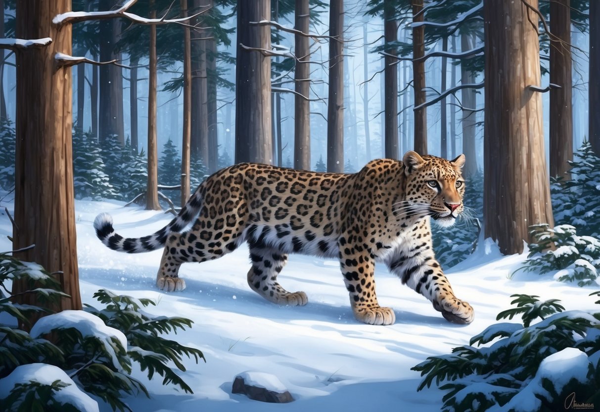 An amur leopard prowls through a snowy forest, surrounded by tall trees and dense underbrush