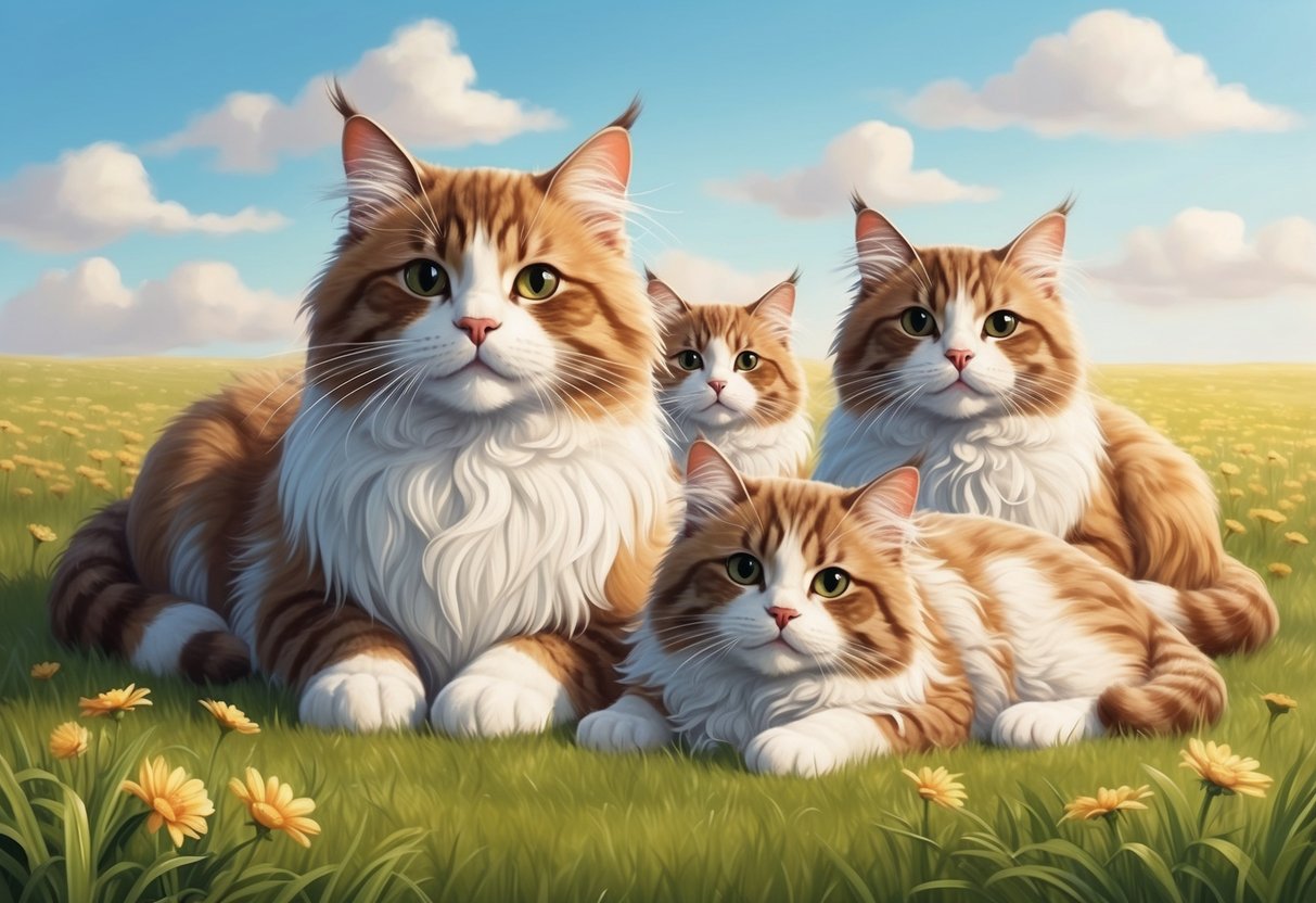 A group of large, fluffy cats with droopy ears and expressive eyes lounging in a sunny field