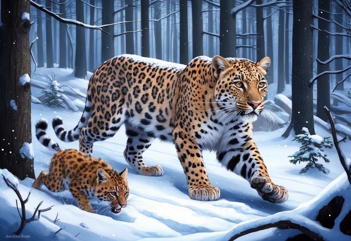 An Amur leopard prowls through a snowy forest, eyeing its prey with focused intensity