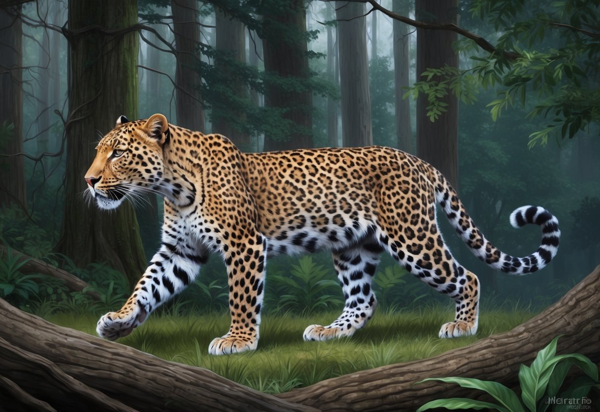 An amur leopard prowls through a dense forest, searching for a mate.</p><p>The leopard's sleek, powerful body exudes an air of strength and grace