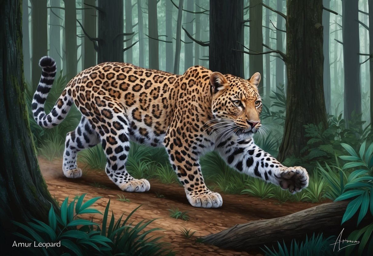 An Amur leopard cautiously navigates through a dense forest, alert to potential threats and challenges lurking in the shadows