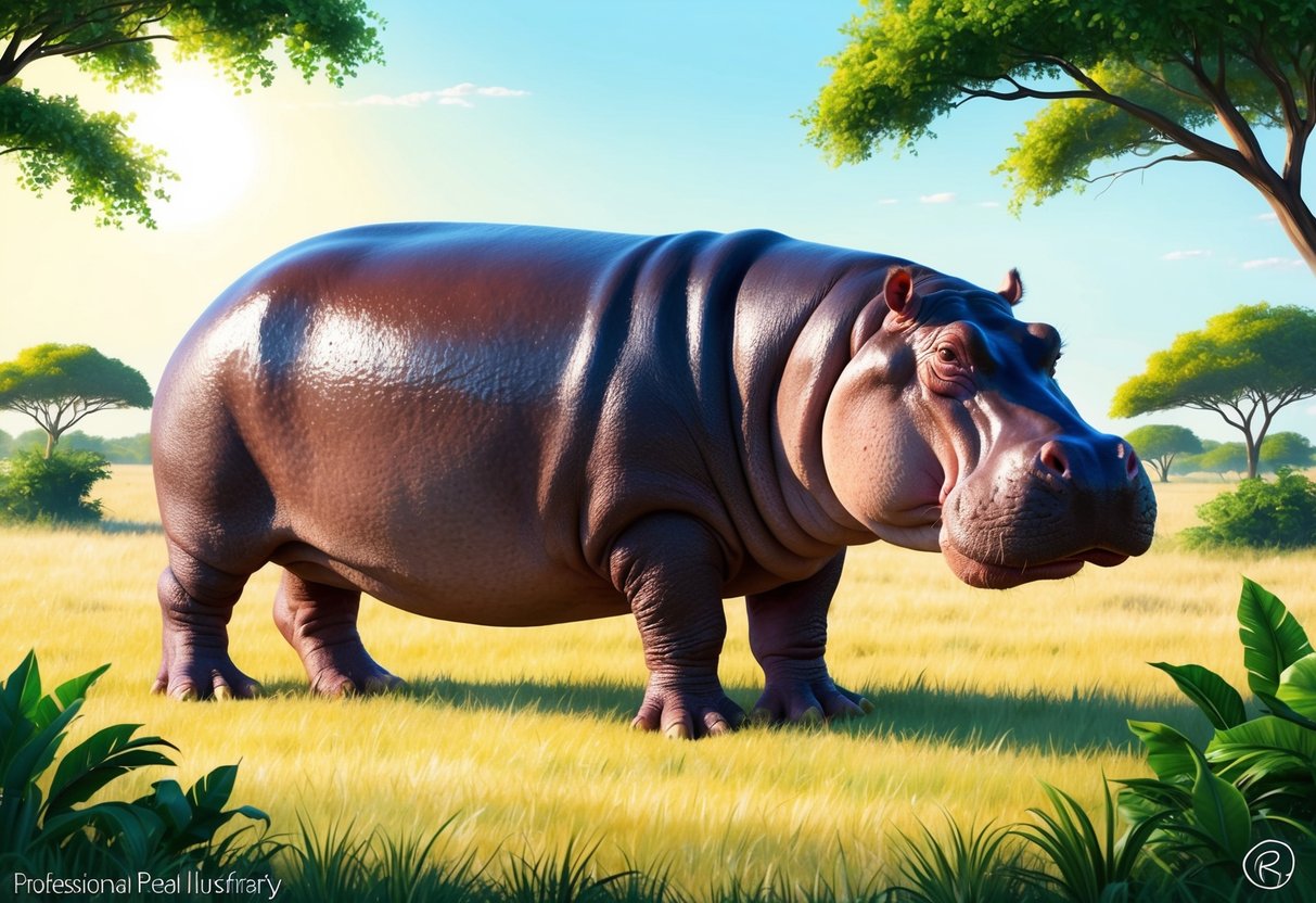 A hippo standing in a sunlit savannah, with a glistening layer of sweat on its skin, surrounded by lush greenery