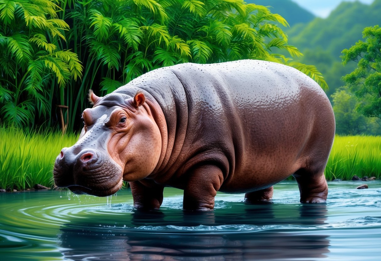 A hippopotamus standing in a river, with water droplets glistening on its skin, surrounded by lush green vegetation