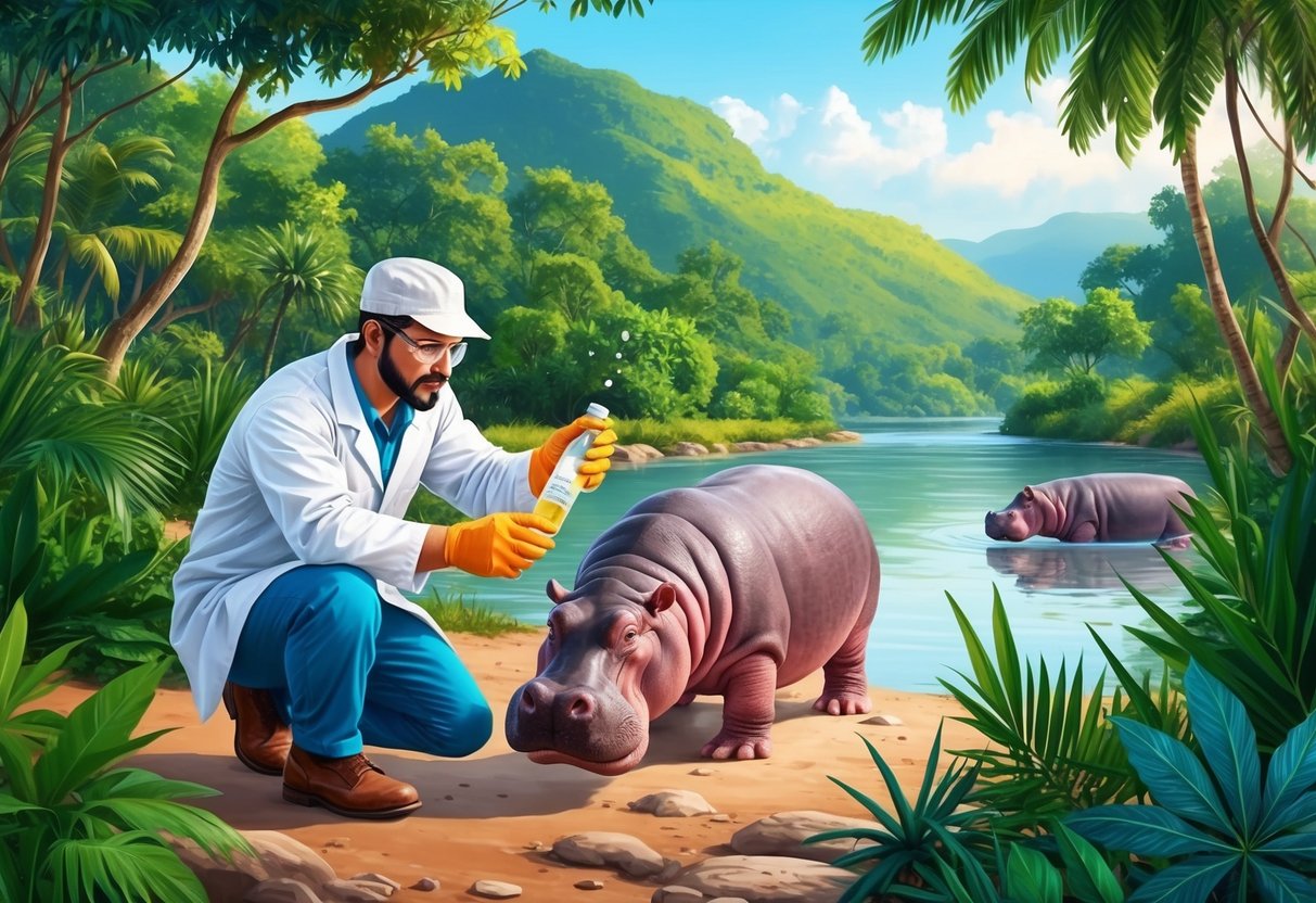 A scientist collects hippo sweat for research in a lush, riverside habitat