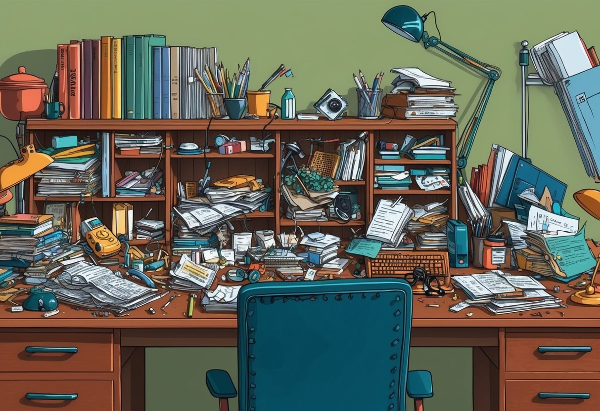 A cluttered desk with meticulous organization, disrupted by repetitive actions