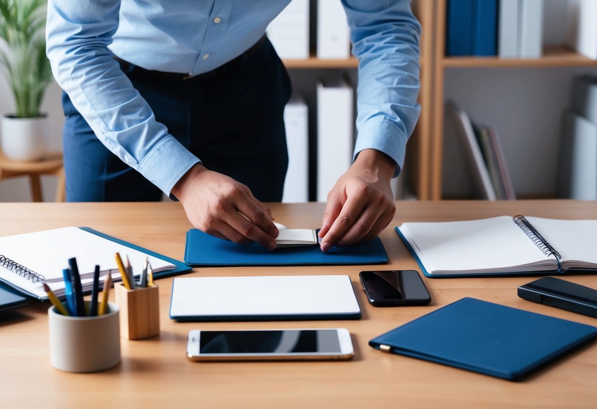 A person carefully arranging items on a desk, ensuring everything is perfectly aligned and orderly