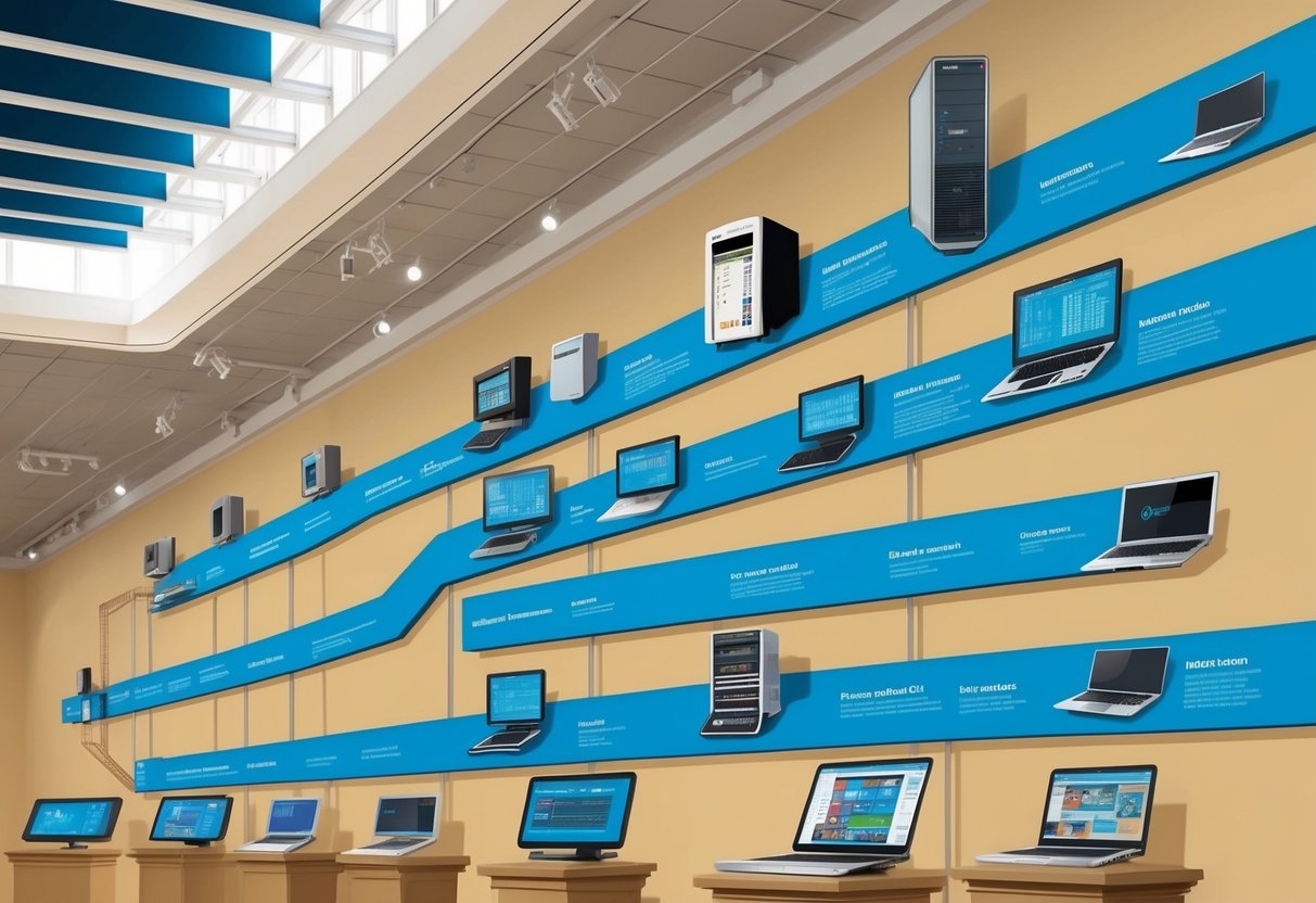 A timeline of computing hardware, from early mainframes to modern laptops, displayed in a museum exhibit