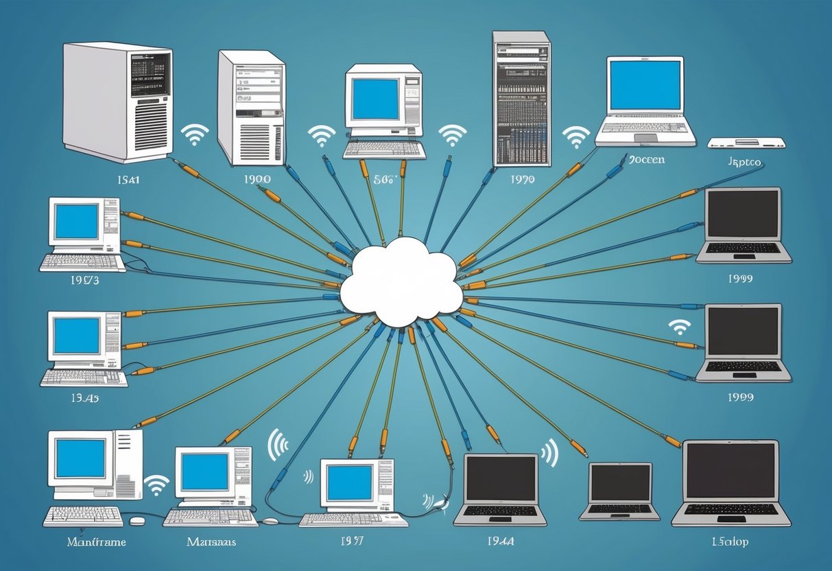 A network of computers spanning through time, from early mainframes to modern laptops, connected by a web of cables and wireless signals