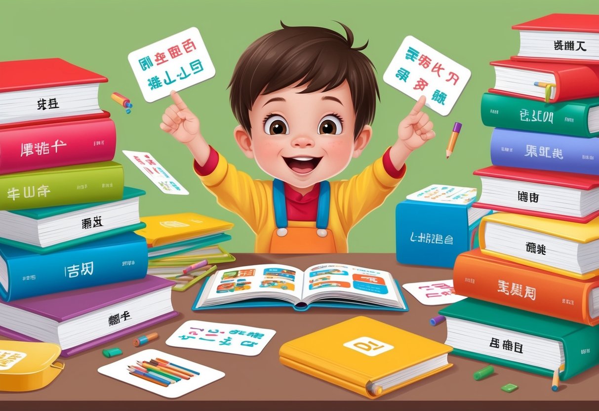 A young child surrounded by colorful language books and flashcards, eagerly engaging in language learning activities