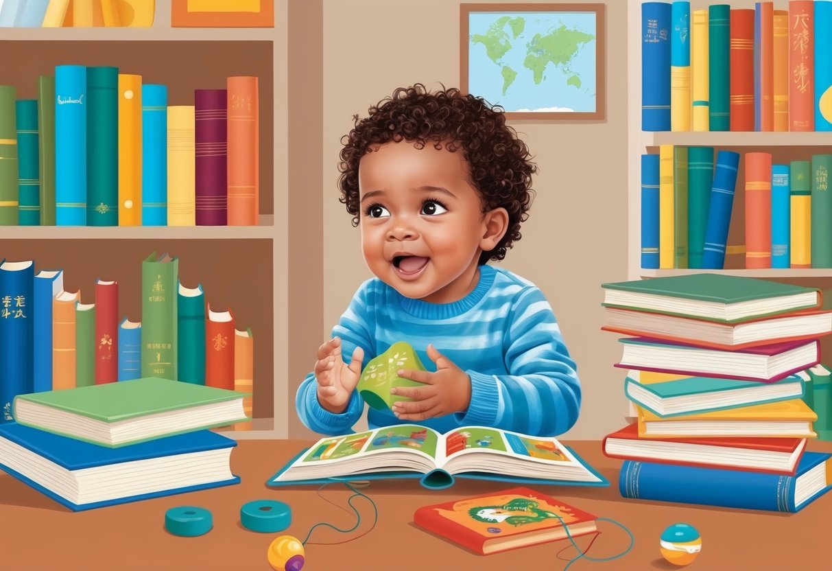 A young child eagerly absorbing new languages through books, music, and interactive play