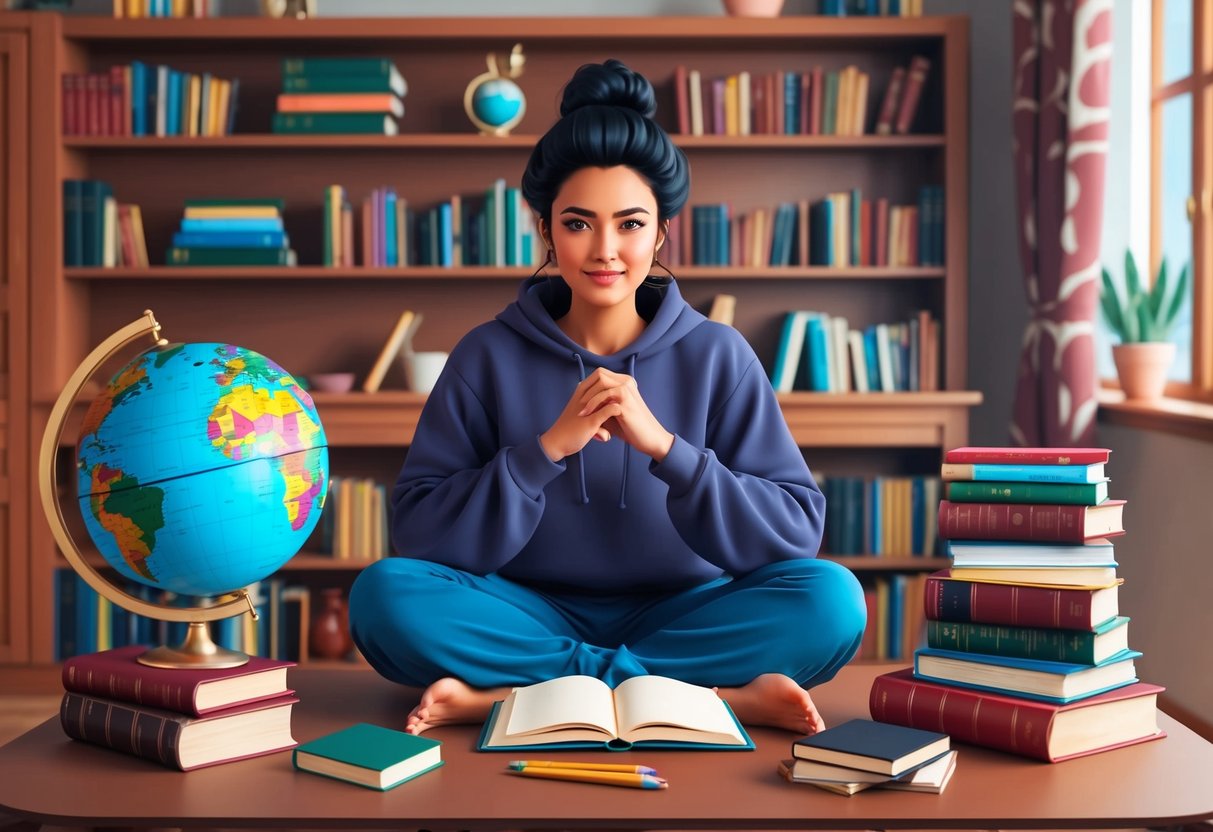 A person sitting in a cozy room surrounded by books, a globe, and language learning materials, with a look of determination on their face