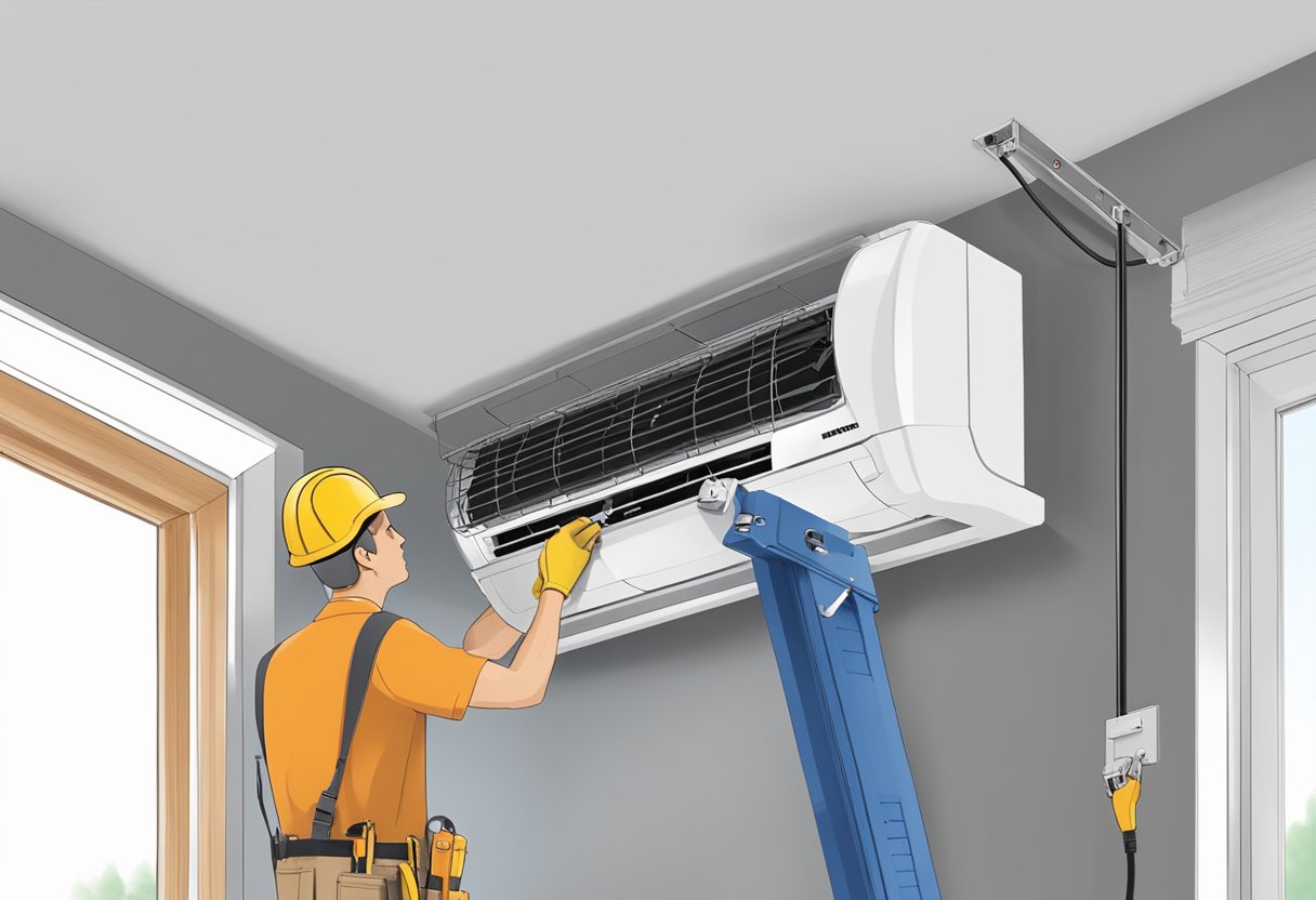 A technician installing a 9000 btu mini split on a wall bracket with tools and equipment scattered around