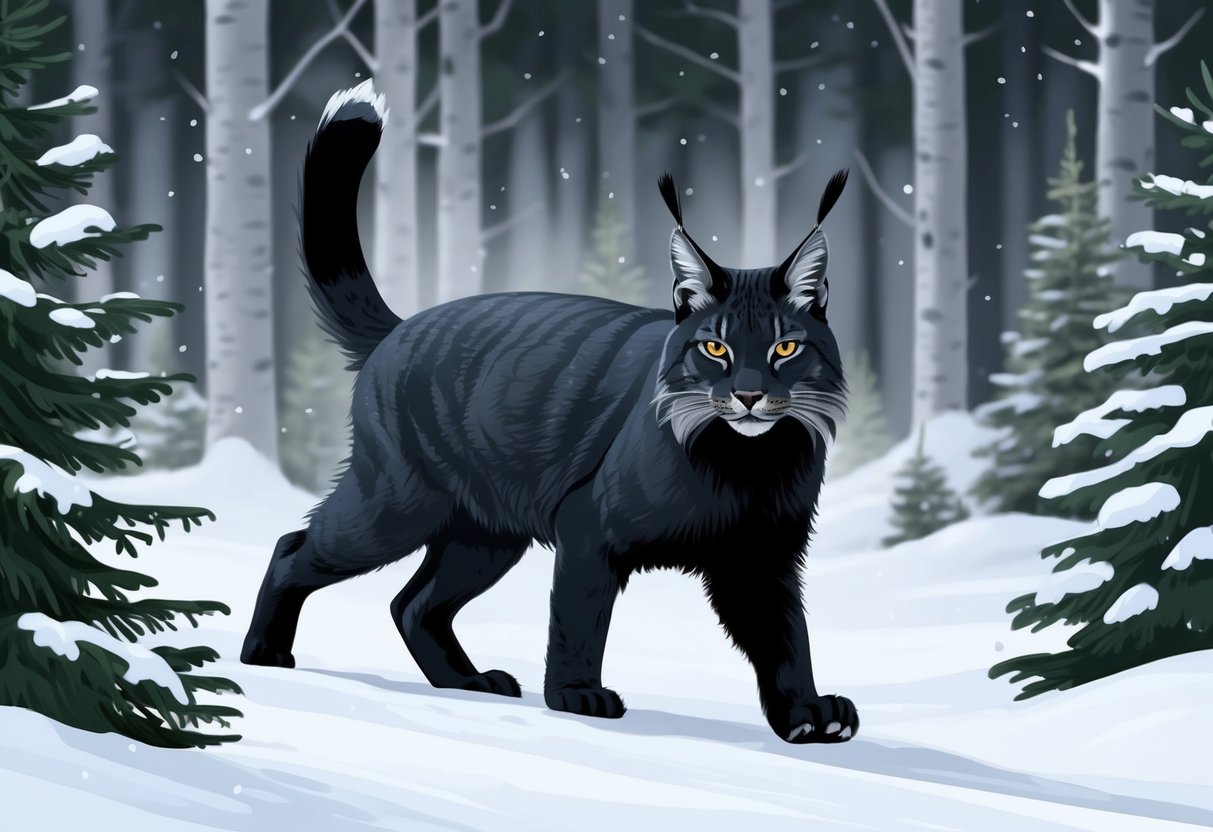 A black Canada lynx prowls through a snowy coniferous forest, blending into the shadows with its tufted ears alert