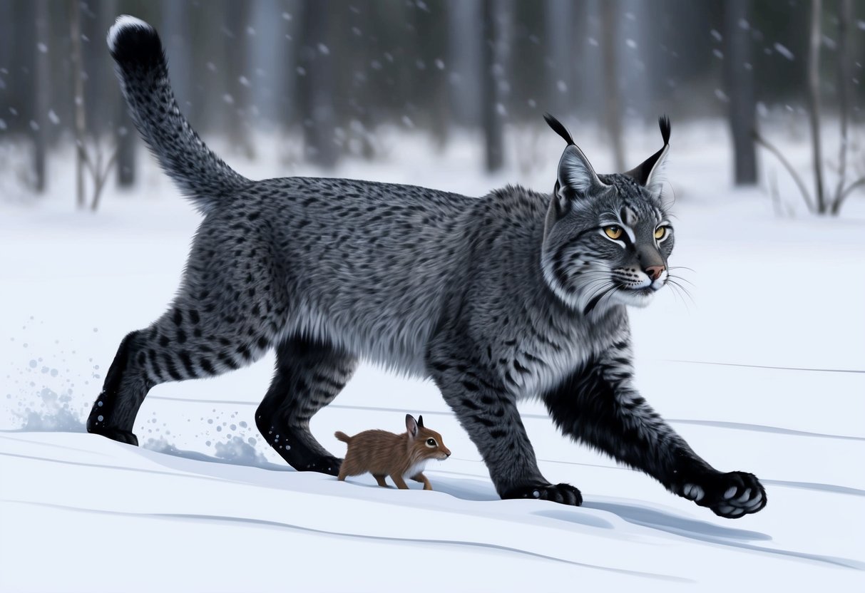 A black Canada lynx stalks through the snow, its eyes fixed on a small prey animal.</p><p>Its sleek body is poised for a swift attack