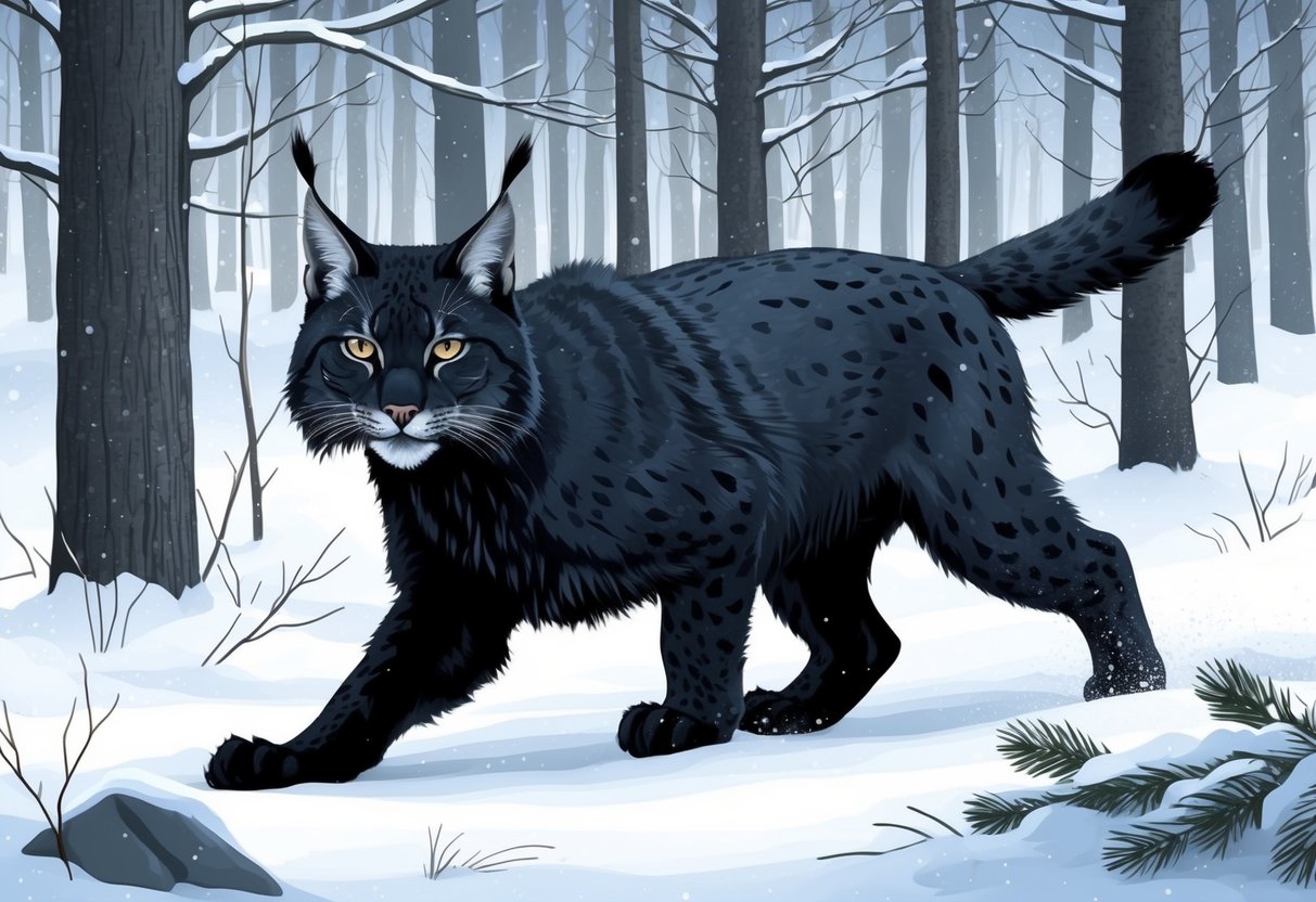 A black Canada lynx prowls through a snowy forest, its fur blending seamlessly with the shadows as it hunts for prey