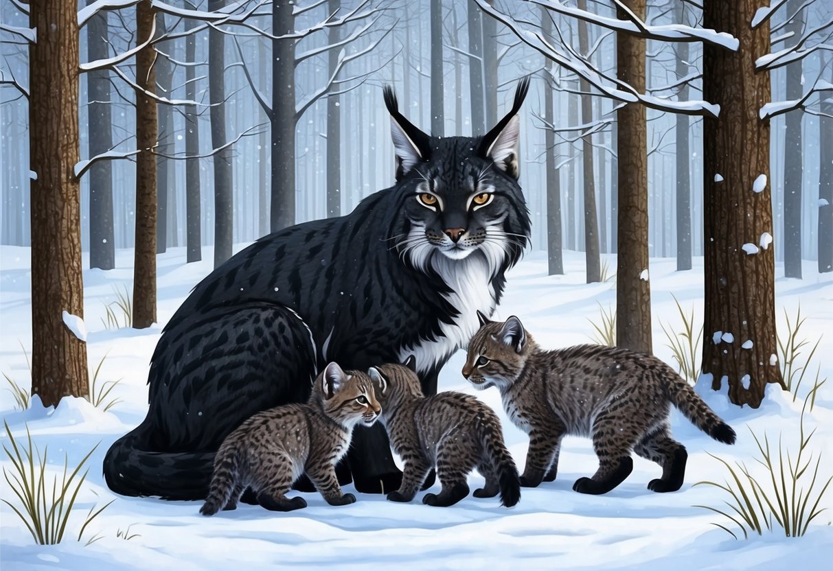 A black Canada lynx mother caring for her kittens in a snowy forest