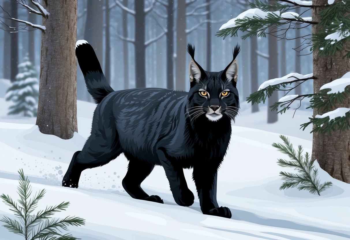 A black Canada lynx prowls through a snowy forest, its piercing eyes alert and its tufted ears perked up