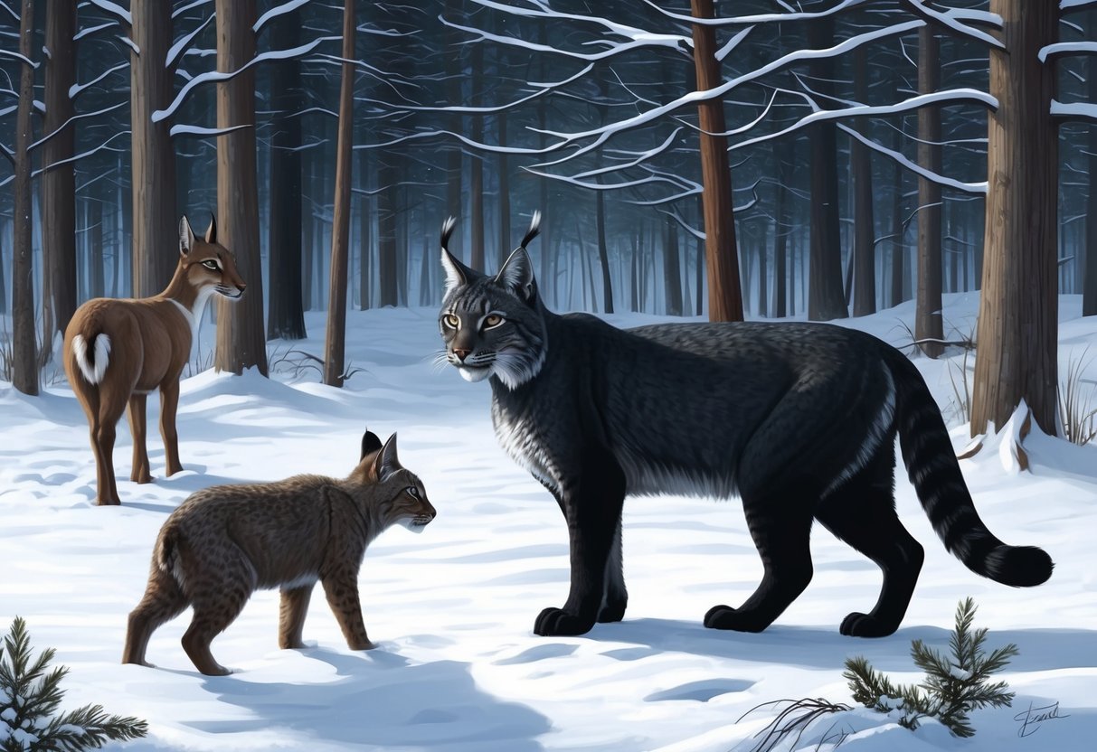 A black Canada lynx encounters another animal in a snowy forest clearing