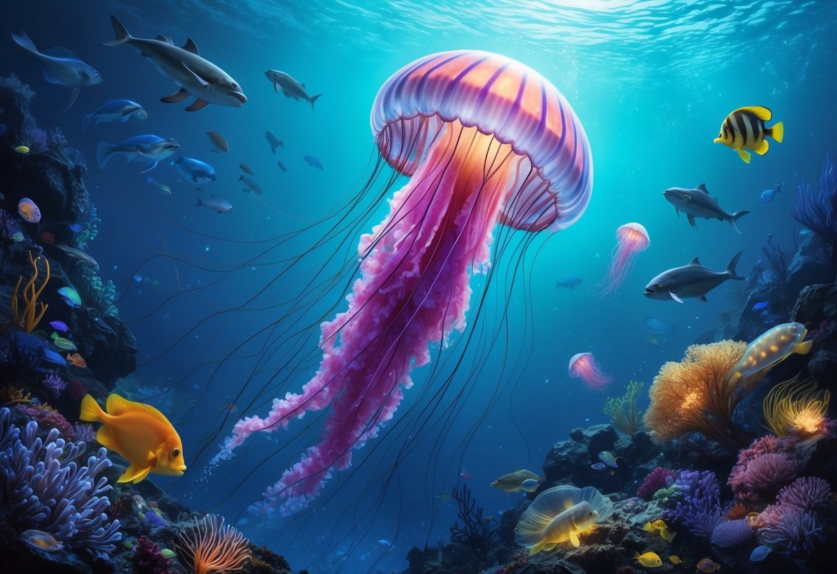 An immortal jellyfish pulsating in the ocean, surrounded by a vibrant array of marine life and glowing bioluminescent organisms