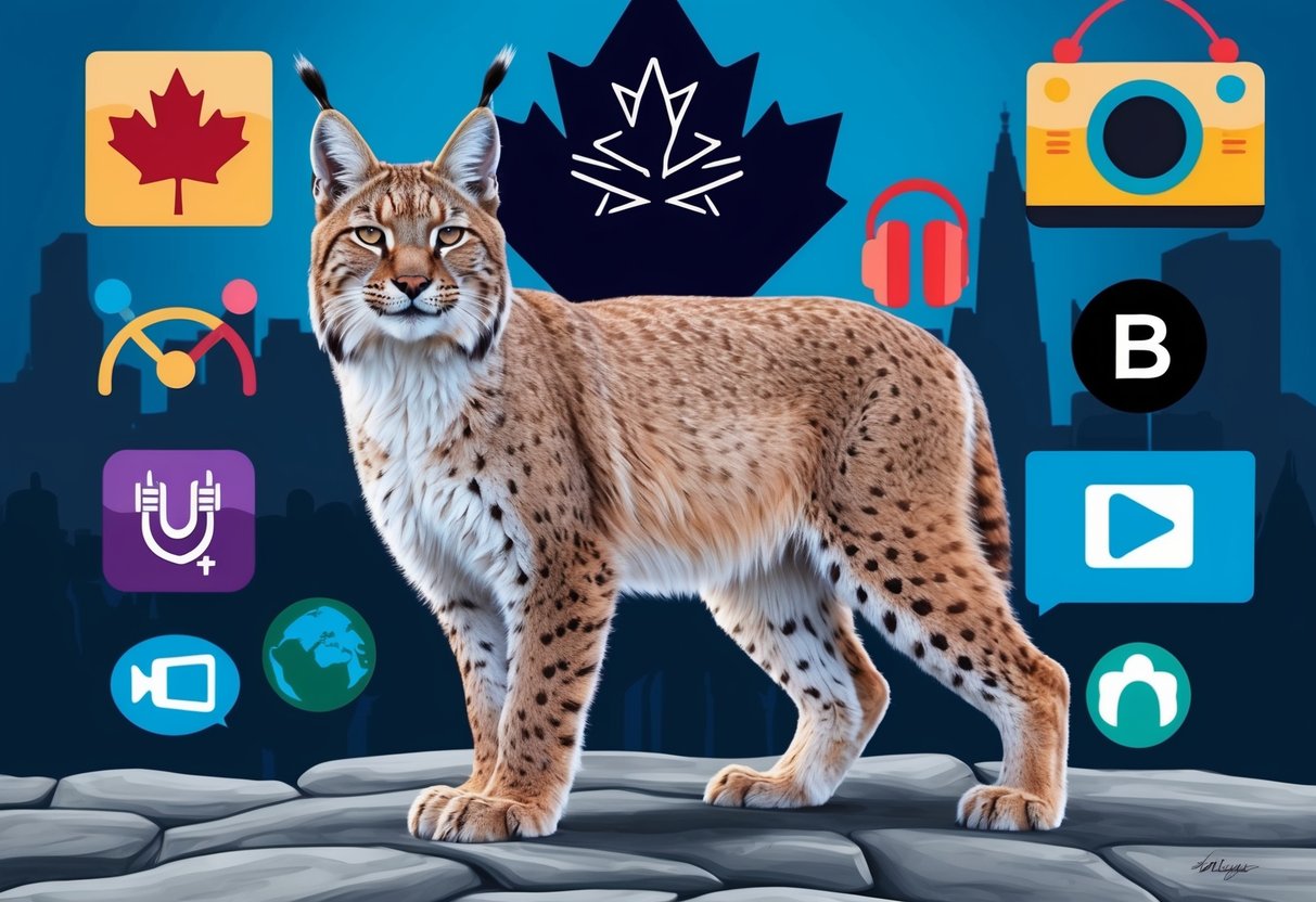 A Canada lynx stands proudly in front of a backdrop of cultural symbols and media icons, representing its significance in Black Canadian culture