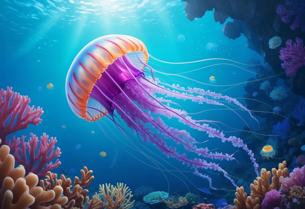 An immortal jellyfish floats in the ocean, capturing tiny plankton with its delicate, translucent tentacles.</p><p>The vibrant colors of the surrounding coral provide a beautiful backdrop for its feeding