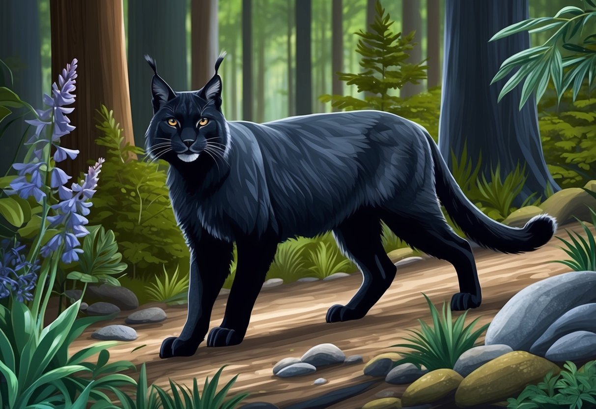 A black Canada lynx prowls through a forest, its sleek fur blending with the shadows.</p><p>Surrounding flora and fauna showcase a variety of colors and patterns