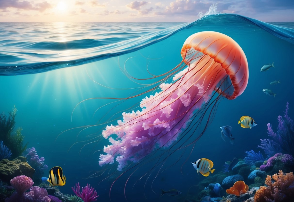 A serene ocean with a solitary immortal jellyfish gracefully pulsating through the water, surrounded by vibrant marine life