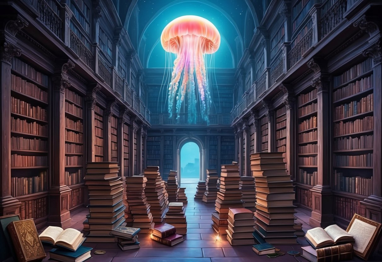 An ancient library with stacks of books, a glowing jellyfish floating above, surrounded by literary and cultural artifacts