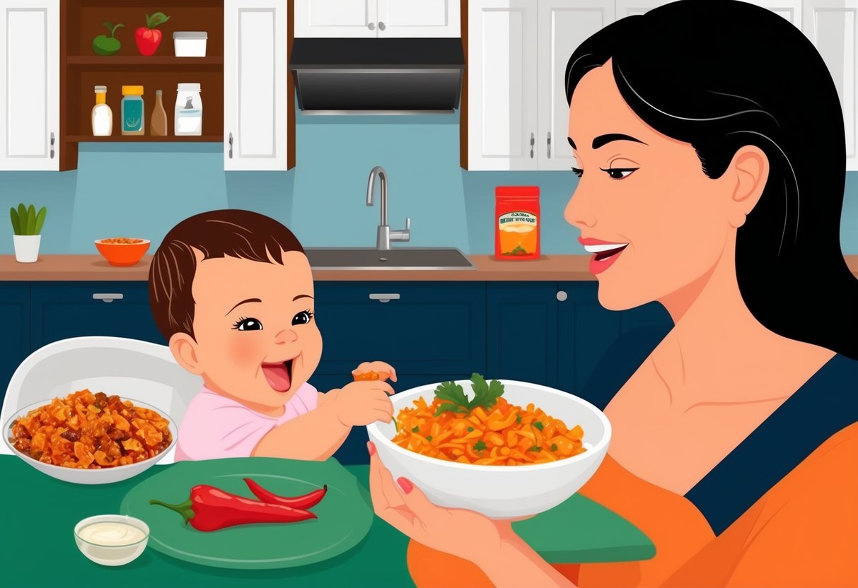 A mother eating spicy food while breastfeeding, with the flavors of the food transferring into her breastmilk