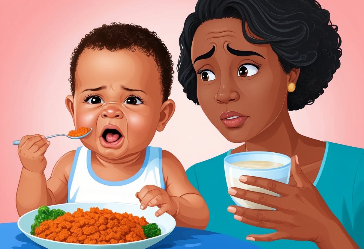 An infant making a sour face after tasting spicy food, while a breastfeeding mother looks concerned about how long it will stay in her breastmilk