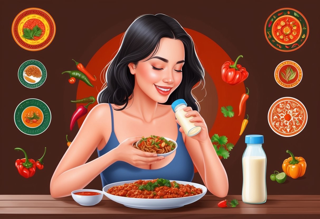 A mother enjoying spicy food while breastfeeding, with a bottle of breastmilk and various cultural symbols of spicy cuisine in the background