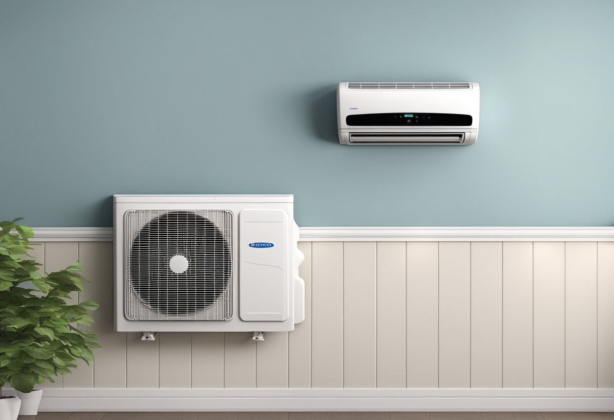 A small 6000 btu mini split air conditioning unit mounted on a wall, with cool air flowing out of the vents