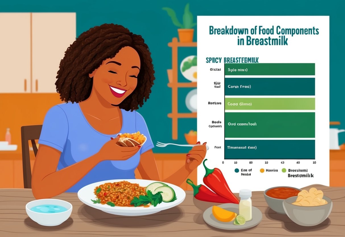 A mother enjoying a spicy meal while breastfeeding, with a chart showing the breakdown of food components in breastmilk