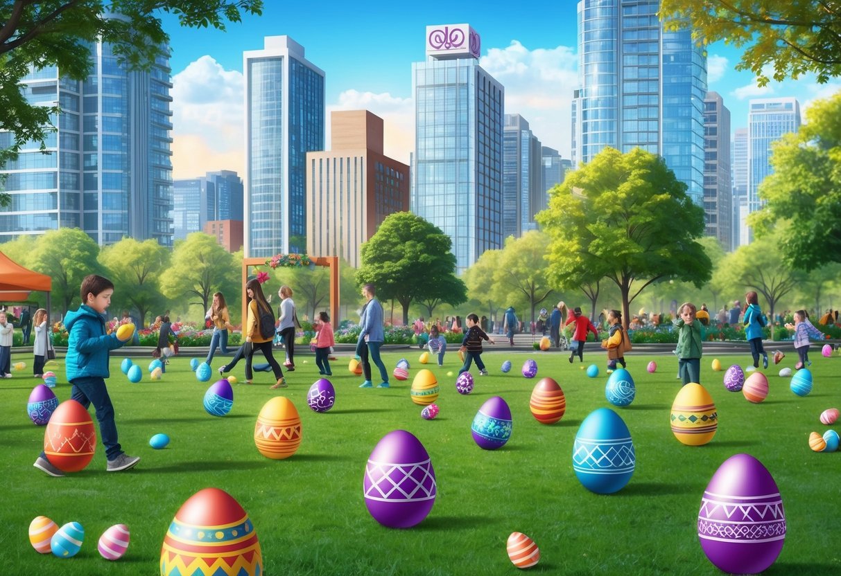 A colorful Easter egg hunt in a bustling city park, with modern buildings in the background and Ishtar symbols incorporated into the decorations