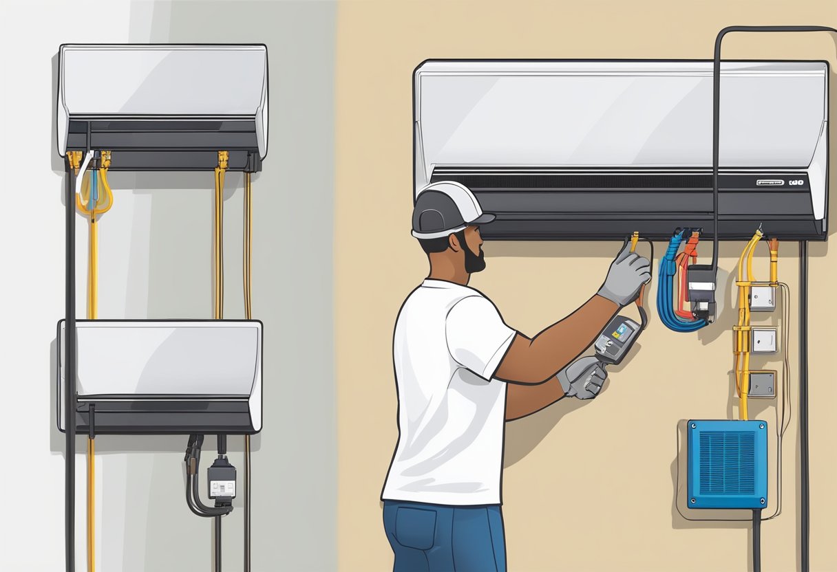 A technician connecting a 110V mini split to an exterior wall with mounting brackets and securing the electrical connections