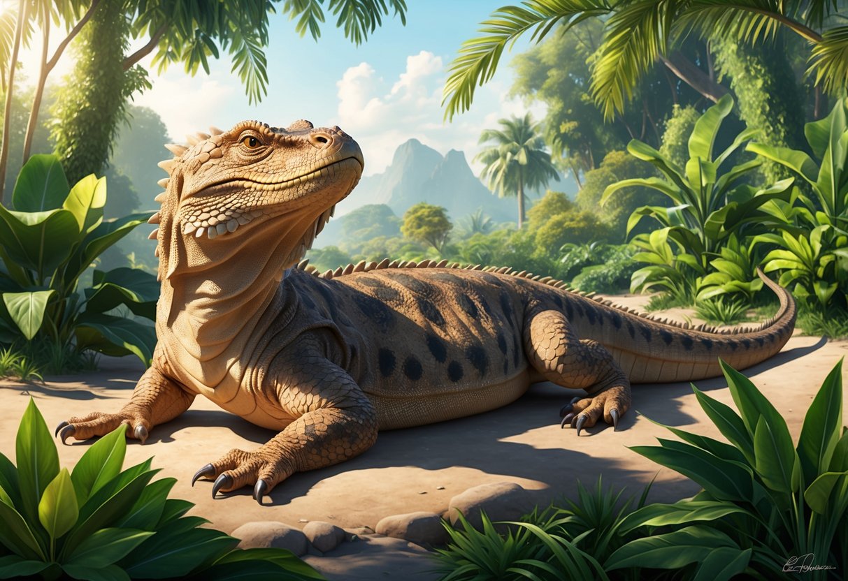 A majestic komodo dragon basks in the warm sunlight of its natural habitat, surrounded by lush green vegetation and a tranquil atmosphere