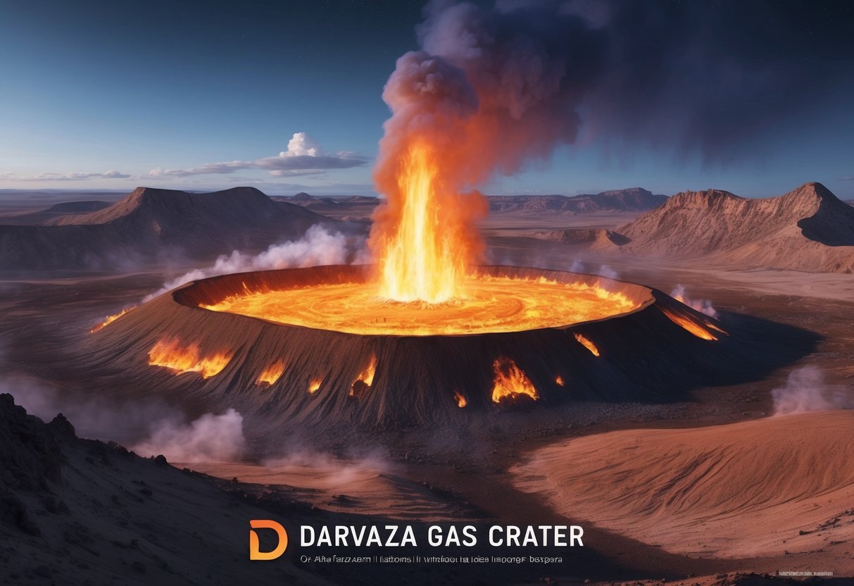 The Darvaza gas crater: a fiery, otherworldly landscape with flames erupting from the earth's surface amid rugged, barren terrain