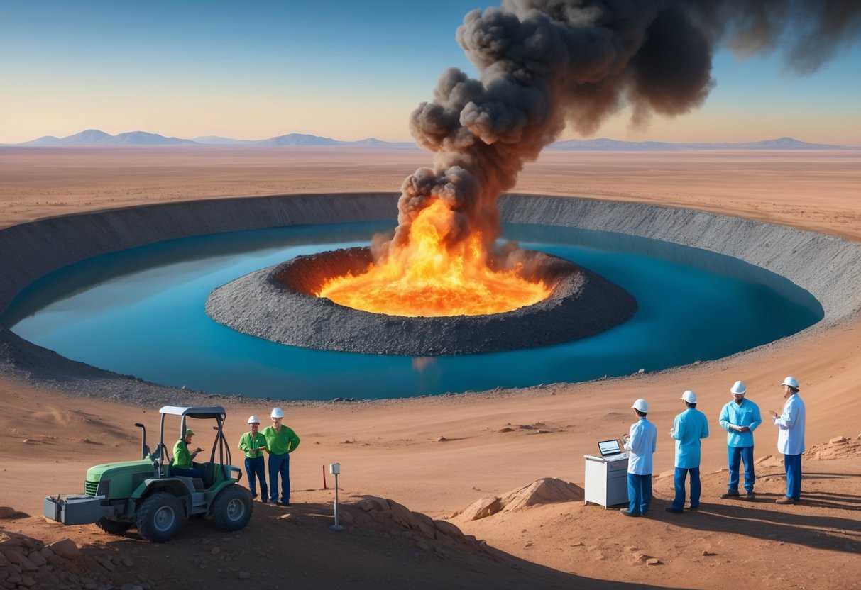 The Darvaza gas crater emits flames and smoke, surrounded by a barren landscape.</p><p>Nearby, scientists and engineers assess the environmental impact and safety considerations