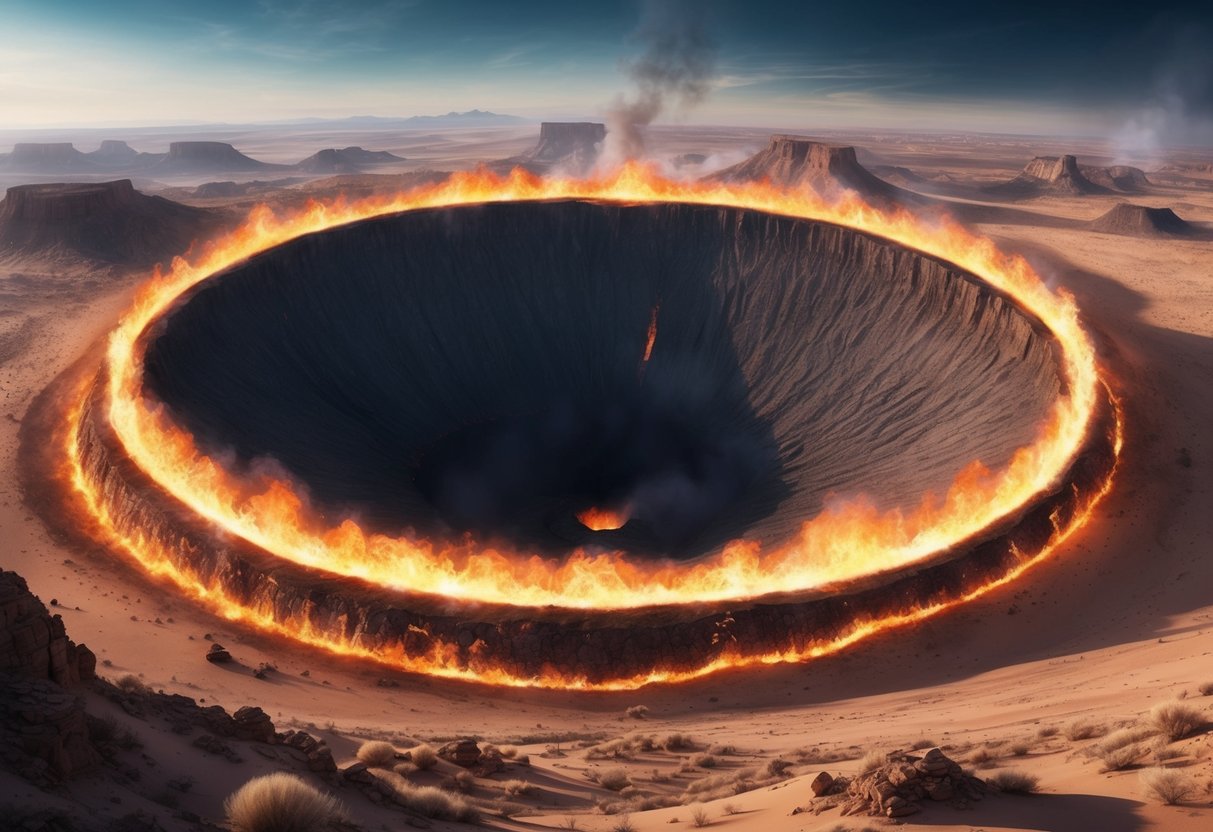 A massive fiery crater surrounded by desert, with a surreal and otherworldly atmosphere, evoking the ancient myths and legends of the region