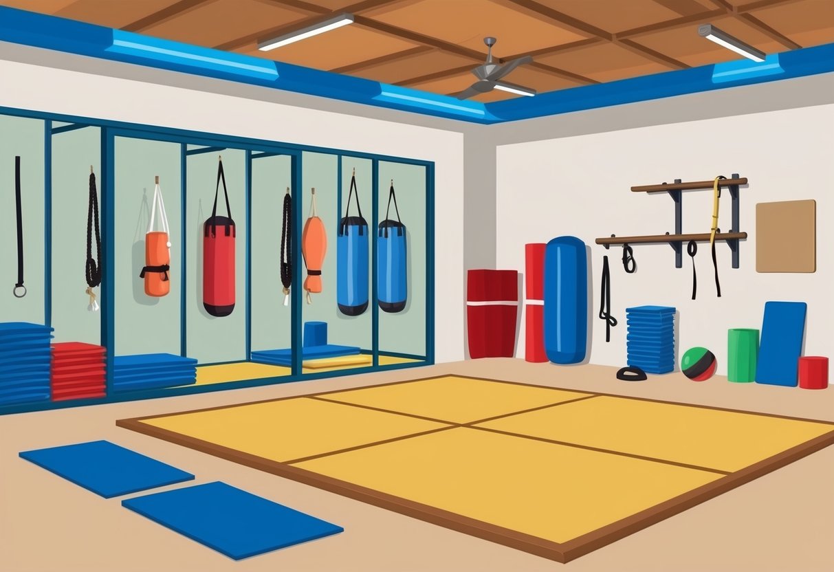 A karate dojo with safety equipment, mats, and a clear space for practice