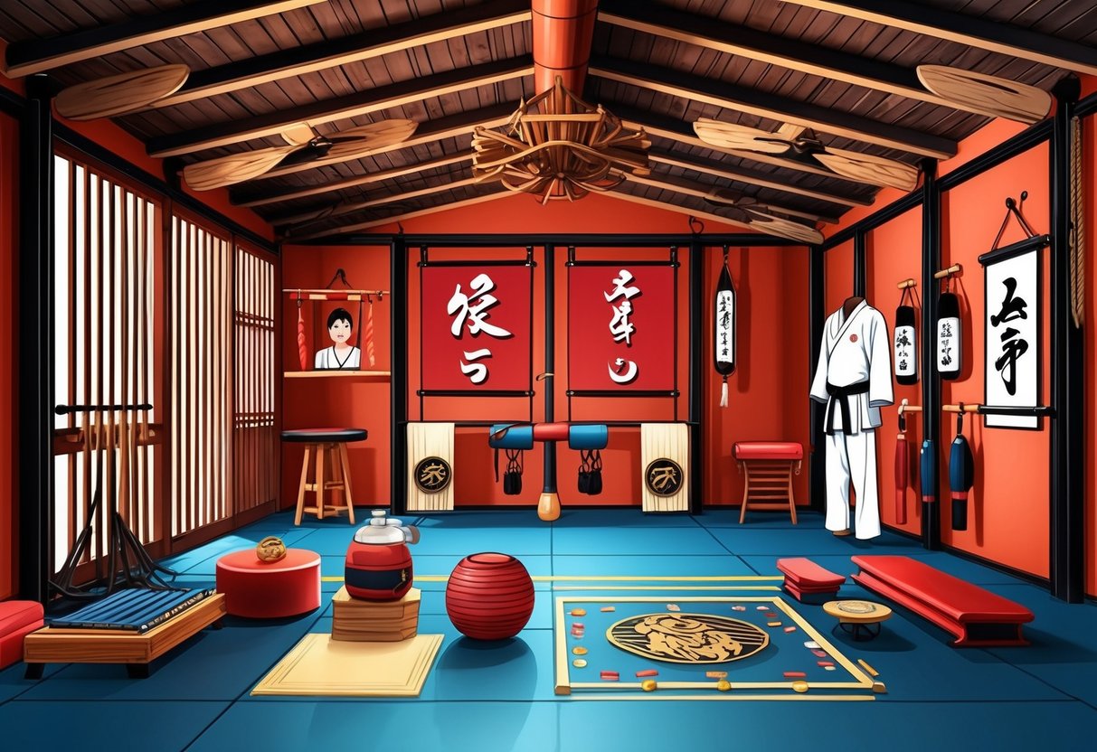 A dojo with martial arts equipment and symbols representing karate's global influence