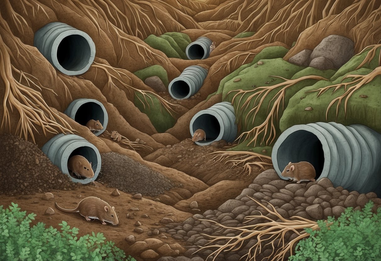 A network of underground tunnels with various soil types, scattered roots, and burrows.</p><p>Moles are seen digging and foraging for food