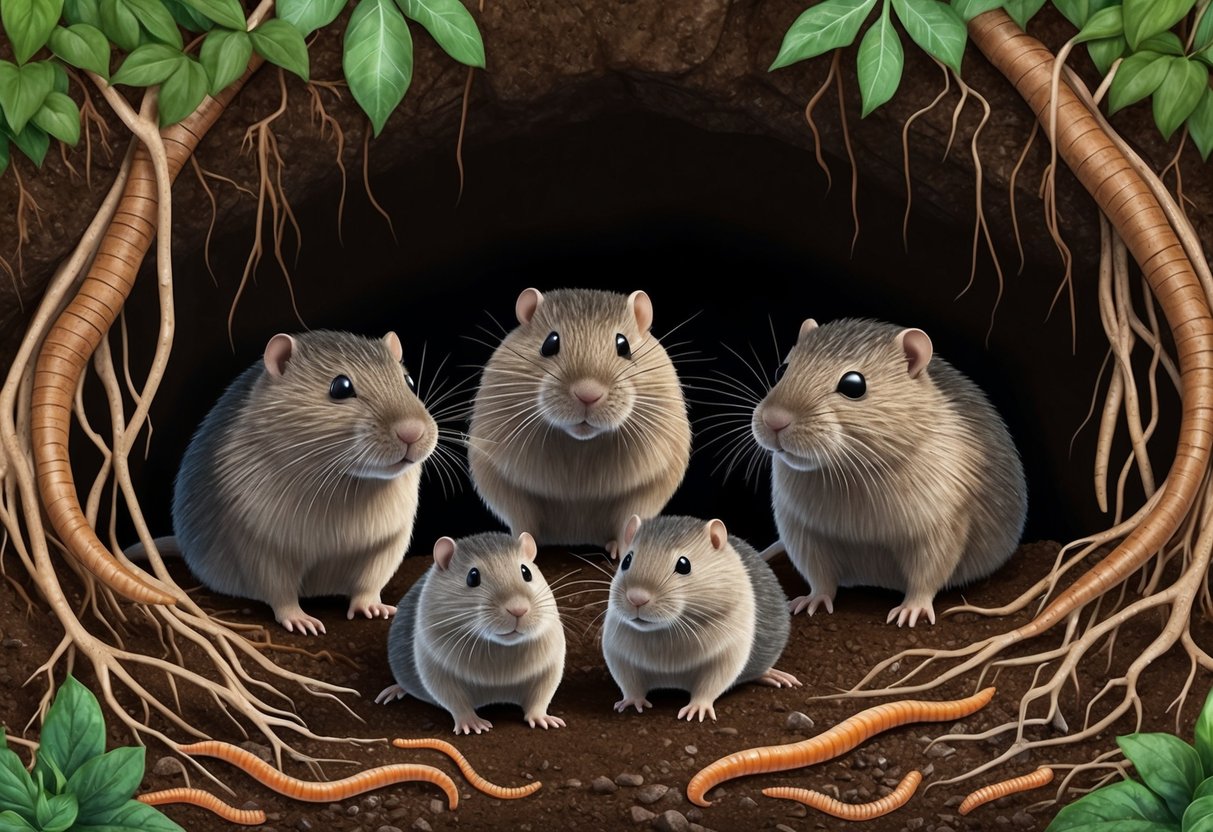 A family of moles burrow underground, surrounded by roots and earthworms