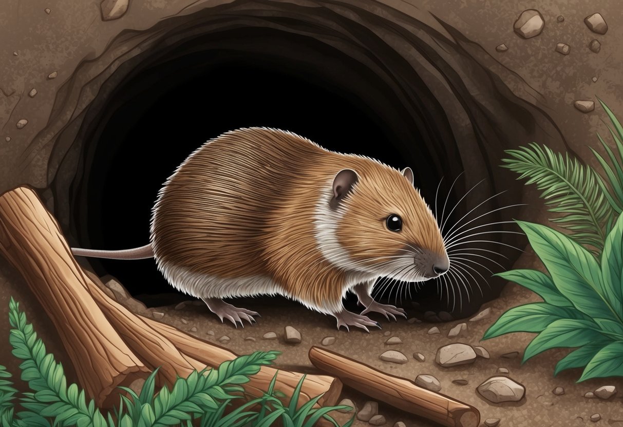 A mole burrows underground, surrounded by threats like habitat loss and predators.</p><p>Its conservation status is at risk