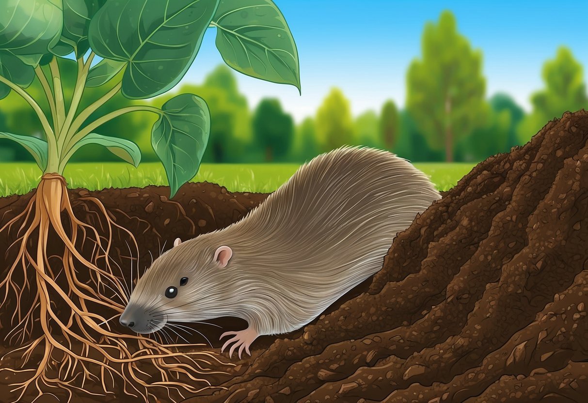 A mole burrows through a garden, disrupting plant roots and soil