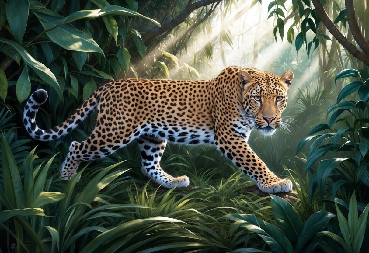 A leopard prowls through a dense jungle, its sleek spotted coat blending into the dappled sunlight filtering through the foliage.</p><p>Its intense gaze fixes on unseen prey