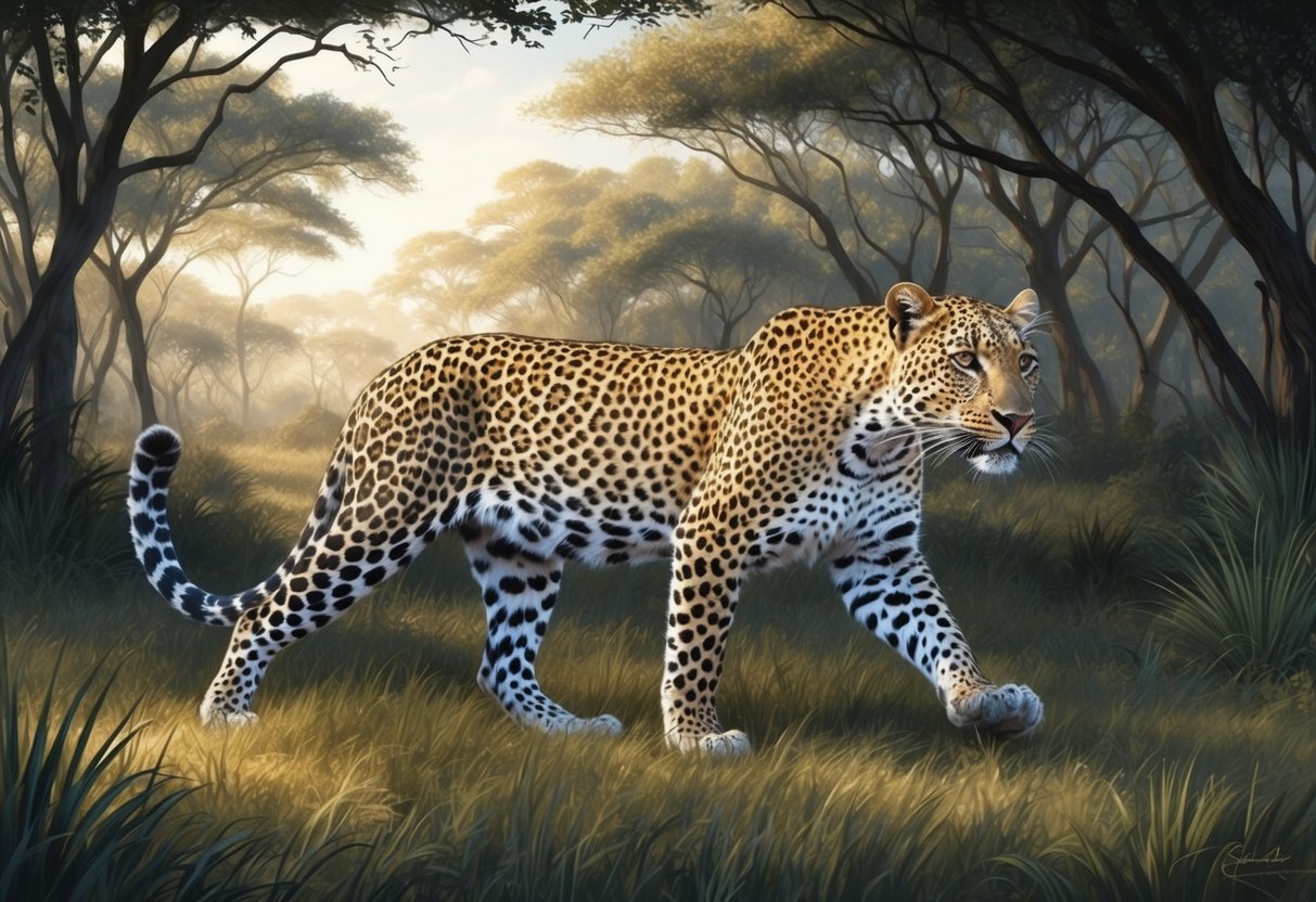 A leopard prowls through the dense African savanna, its sleek spotted coat blending seamlessly with the dappled sunlight filtering through the trees