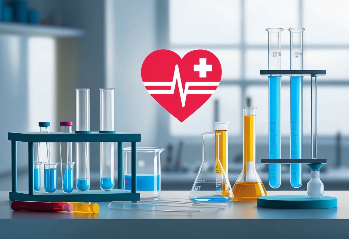 A laboratory setting with test tubes, beakers, and scientific equipment.</p><p>A heart-shaped symbol representing medicine is prominently displayed