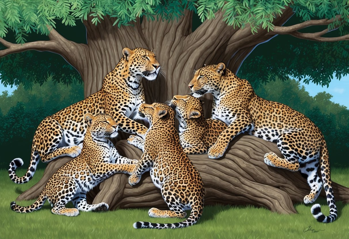 A group of leopards lounging in the shade of a large tree, grooming each other and playfully interacting